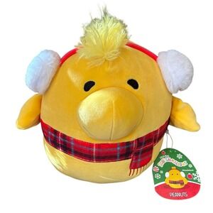 Peanuts Squishmallow Woodstock Plush w/ Holiday Red Plaid Scarf & Earmuffs 8"